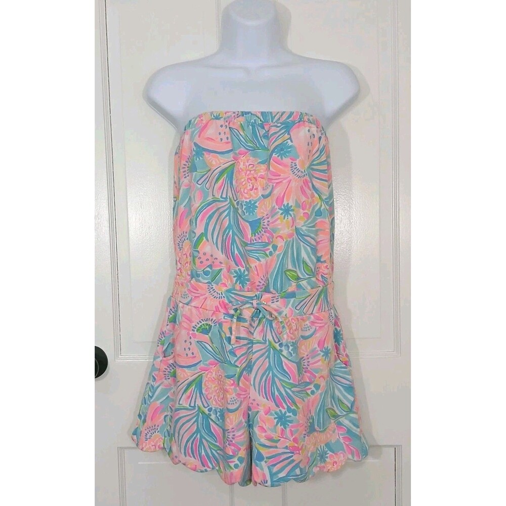 Lilly Pulitzer Jace Strapless Romper S Scalloped Hem Floral Pockets Beach Pool - Picture 3 of 15